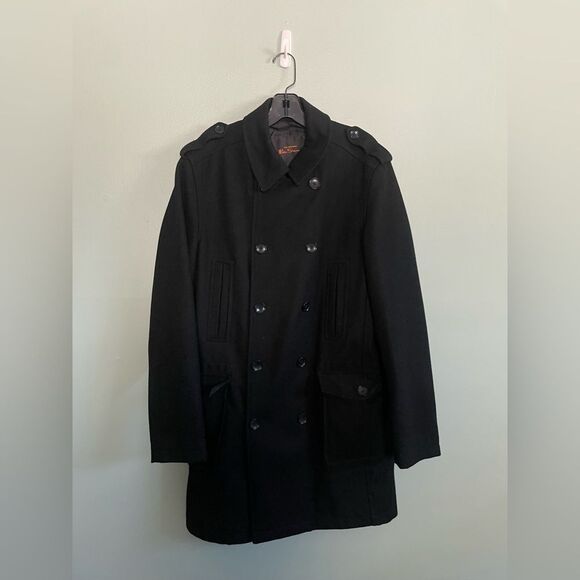 Ben Sherman Black Wool Blend Double Breasted Pea Coat with Wide Lapels Sz M - Picture 1 of 10